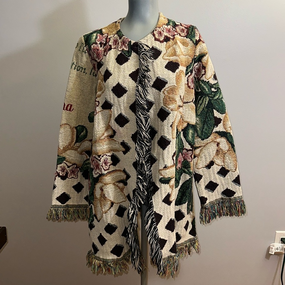 Handmade Upcycled Floral Fringe Hippie Boho Blanket Cardigan Sweater